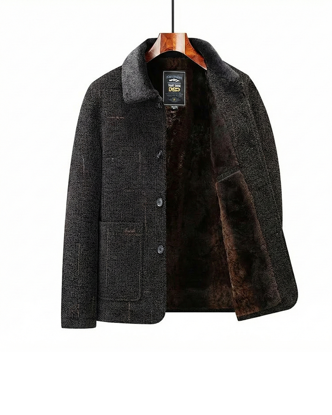 Men's tailored dark brown everyday jacket with stand collar for smart casual fall fashion.