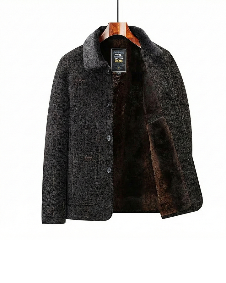 Men's tailored dark brown everyday jacket with stand collar for smart casual fall fashion.