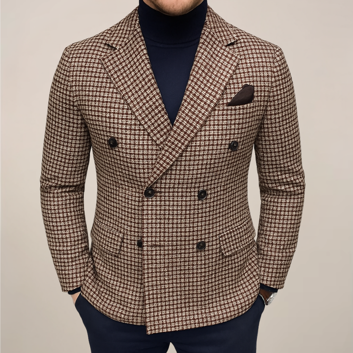 Men's tailored double-breasted checked blazer. Smart heritage jacket, perfect for formal or smart casual wear.