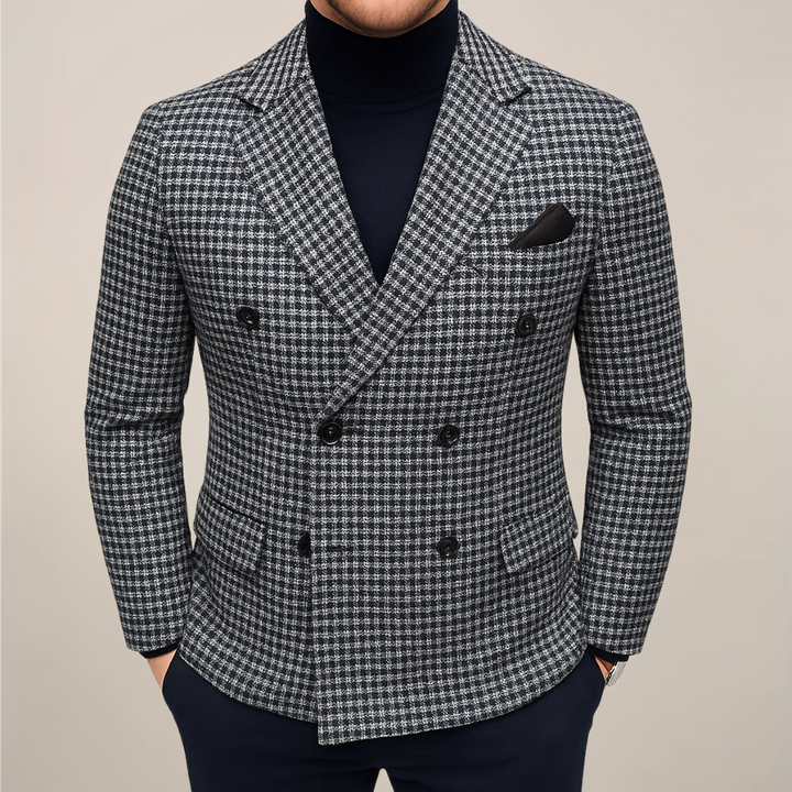 Stylish men's double-breasted checked blazer. Tailored smart casual jacket ideal for modern menswear.