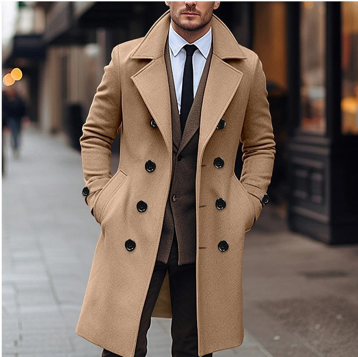 Sophisticated men's tailored long double-breasted overcoat, ideal for elegant winter wear and formal occasions.