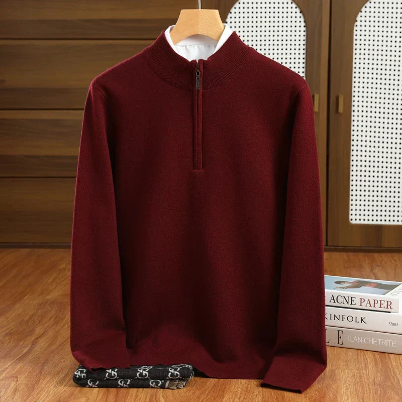 Men's tailored fit half-zip mock neck pullover sweater, ideal for smart casual or business casual wear and layering.
