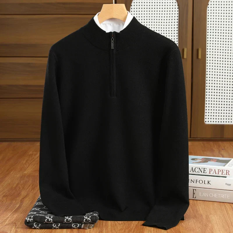 Sophisticated men's long sleeve half-zip mock neck sweater, versatile for smart casual fashion & everyday wear.