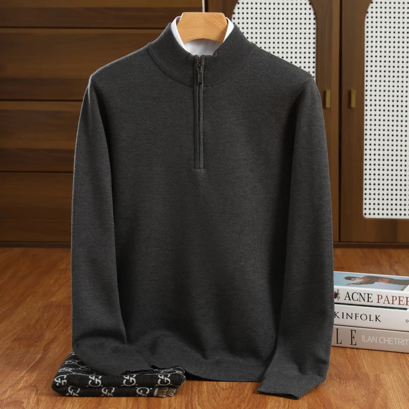 Versatile men's long sleeve half-zip mock neck pullover sweater for smart casual & tailored everyday style.