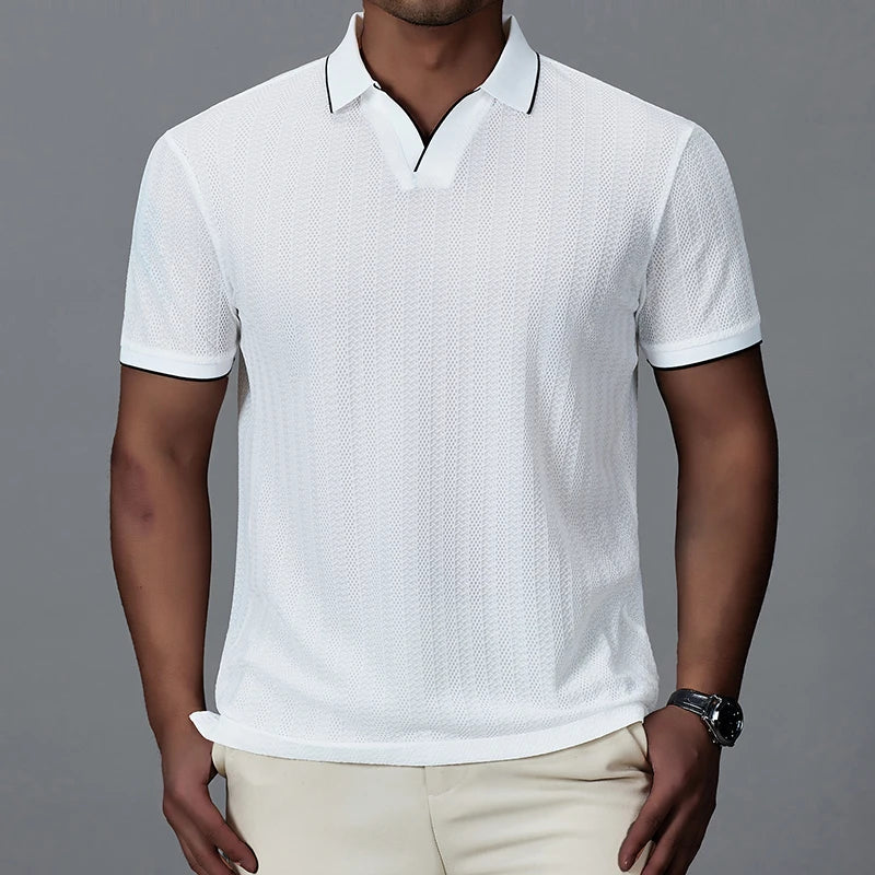 Men's tailored fit short sleeve knitted polo shirt, a smart casual collared top for warm weather.