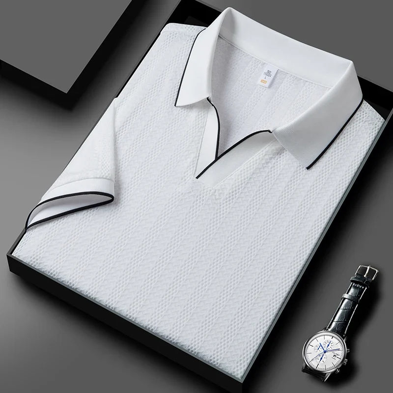 Lightweight men's knitted polo shirt, tailored fit & short sleeve, great for summer fashion & casual.