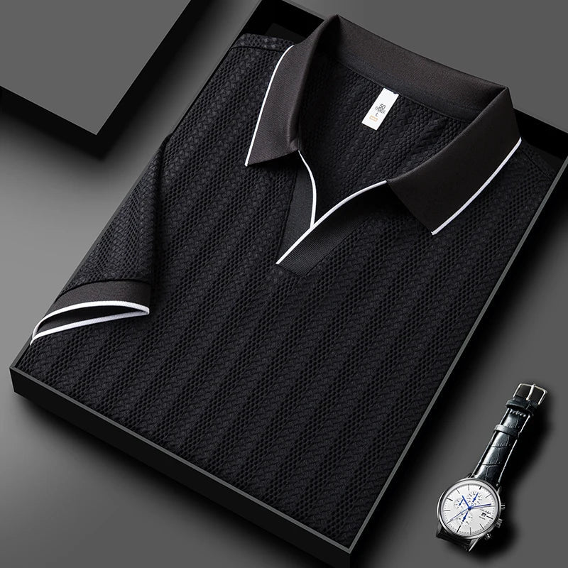 Breathable men's knitted polo for summer, lightweight short sleeve design with a tailored fit.
