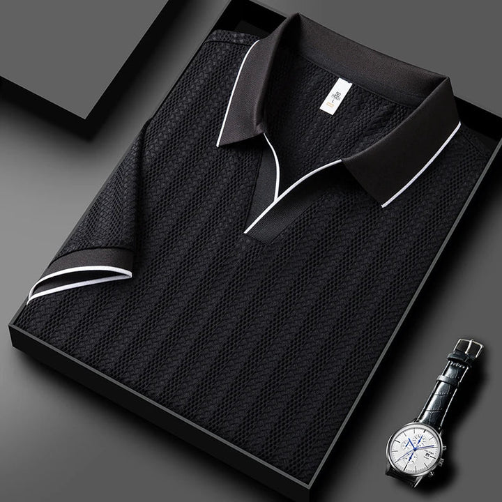 Breathable men's knitted polo for summer, lightweight short sleeve design with a tailored fit.
