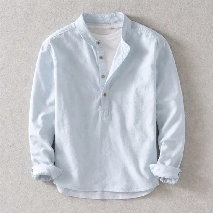 Comfortable men's long sleeve Henley shirt with a tailored fit, ideal for versatile casual wear.