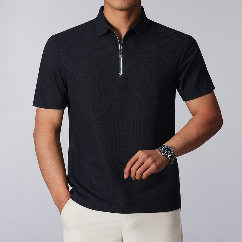 Men's tailored fit quarter-zip polo shirt in breathable cotton blend, perfect for casual or business casual wear.