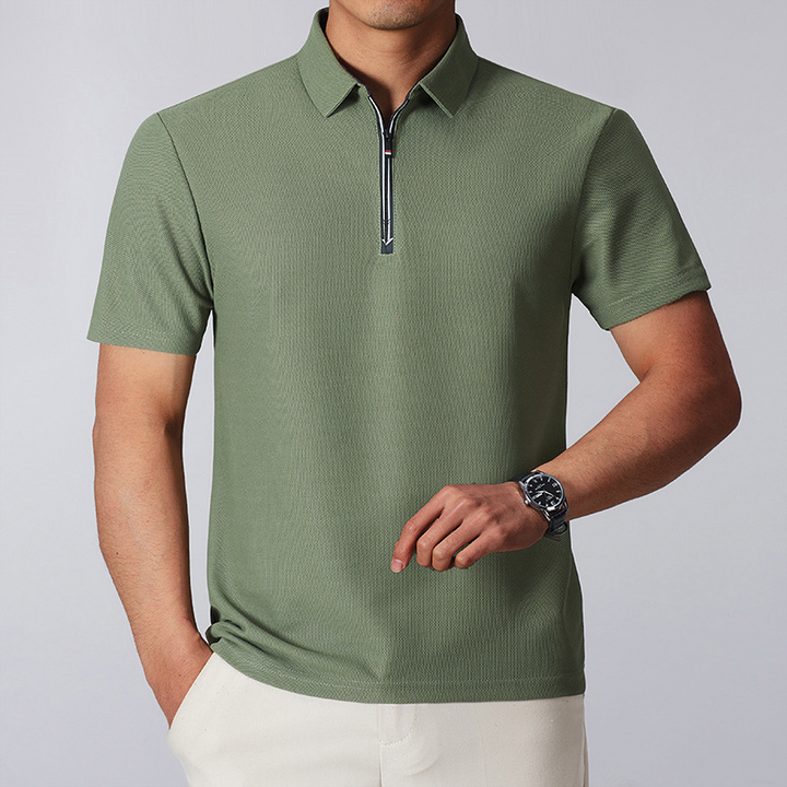 Classic men's quarter-zip polo shirt, tailored for a modern fit. A versatile cotton blend top for men's casual wear.
