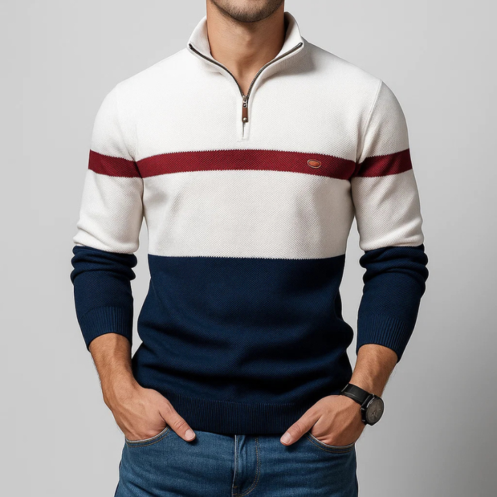 Men's tailored fit quarter-zip pullover sweater, ideal for smart casual layering & everyday comfort.