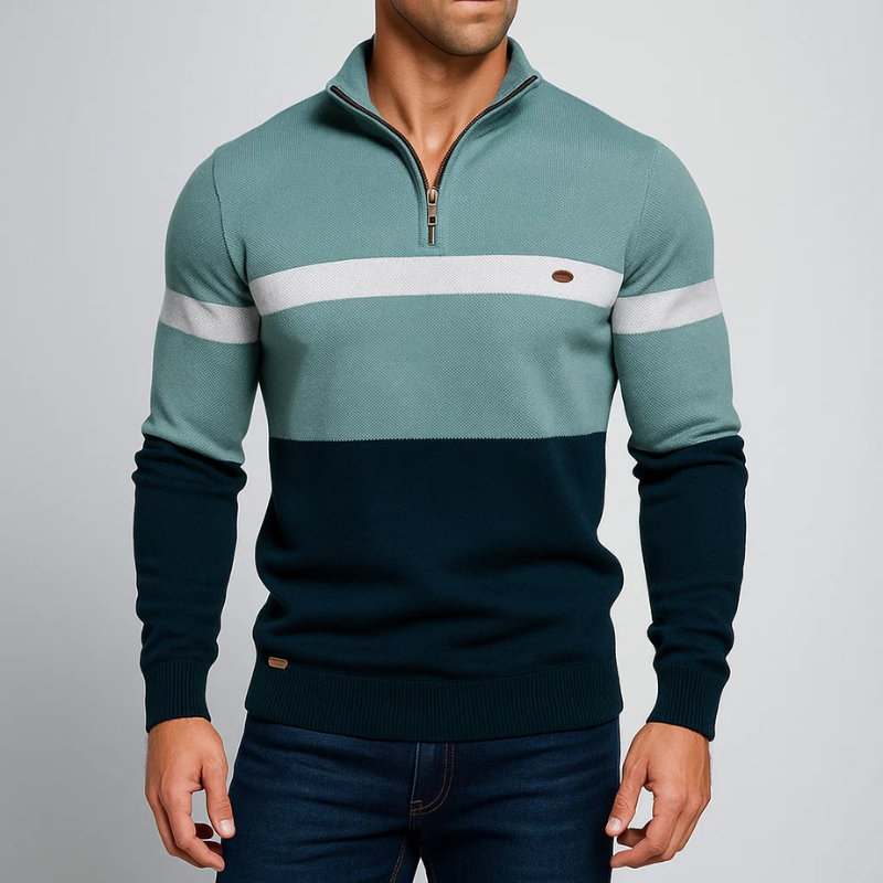Stylish men's quarter-zip pullover for smart casual layering. Comfortable, tailored fit sweater.
