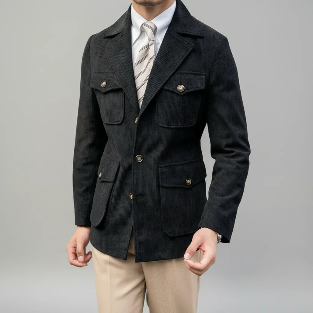 Men's tailored herringbone blazer with distinctive gold-tone buttons. Ideal for formal & business casual wear.