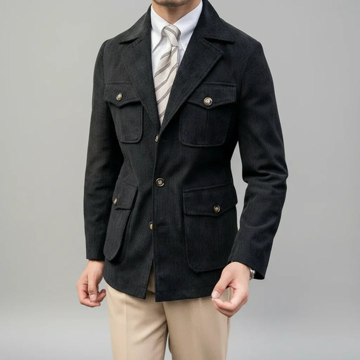 Men's tailored herringbone blazer with distinctive gold-tone buttons. Ideal for formal & business casual wear.