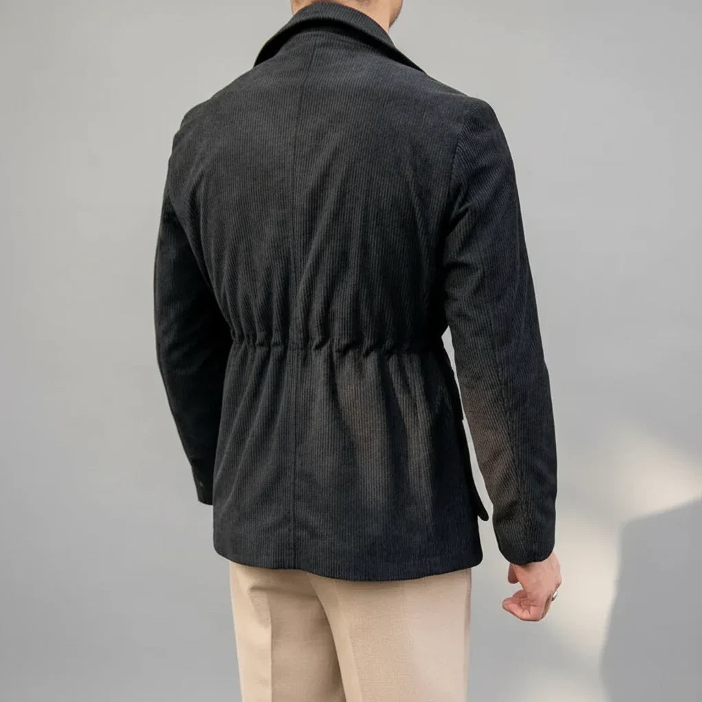 Elegant men's herringbone blazer, perfect for smart casual & formal occasions. Features stylish gold buttons.