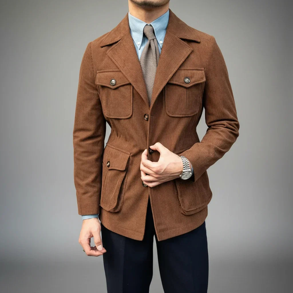 Classic men's herringbone tailored jacket with shiny gold-tone buttons. Versatile for business & evening wear.