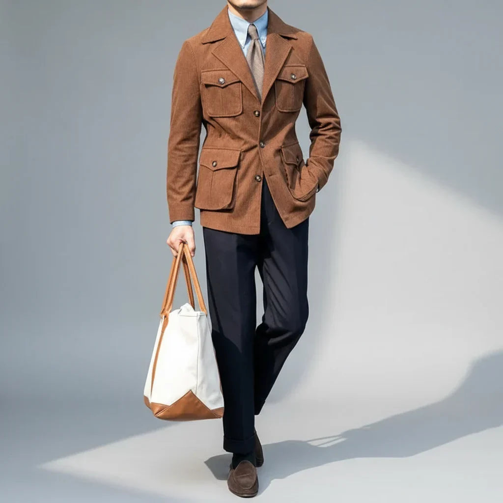 Refined men's herringbone blazer, featuring sleek gold buttons. Perfect for a sharp business casual or formal look.