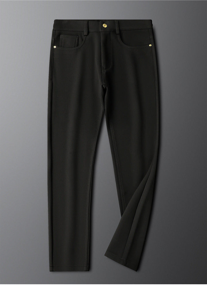 Modern men's tailored herringbone trousers, versatile for formal or smart casual.