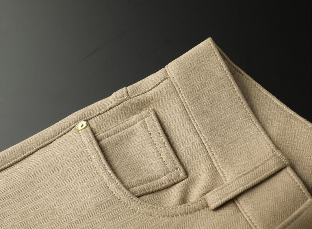 Men's designer quality herringbone dress pants, tailored for exquisite fit.