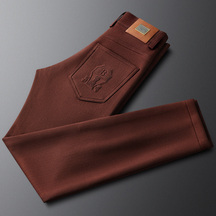 Smart casual men's dress pants, tailored herringbone pattern for modern style.