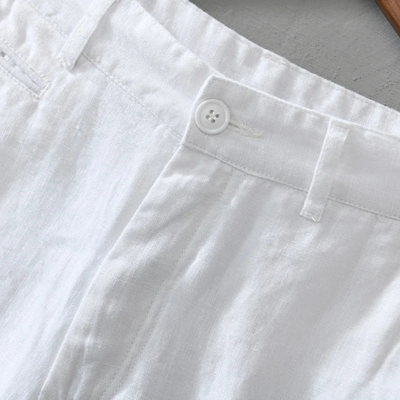 Stylish men's tailored linen shorts, lightweight and perfect for summer fashion.