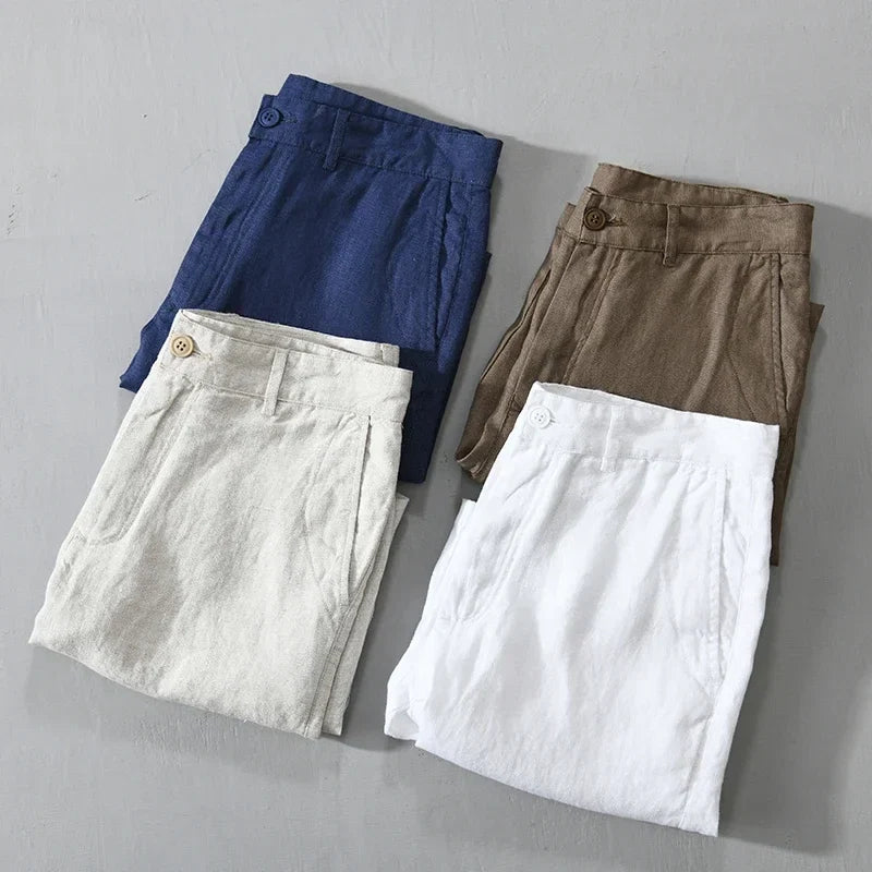 Smart casual men's tailored linen shorts, great for summer fashion & comfort.