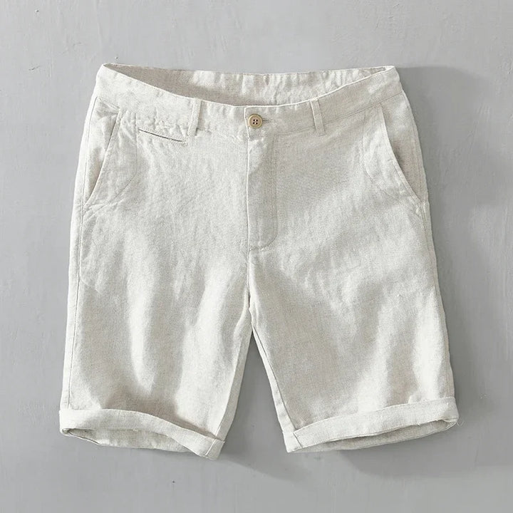 Modern men's tailored linen shorts, offering breathable lightweight summer style.