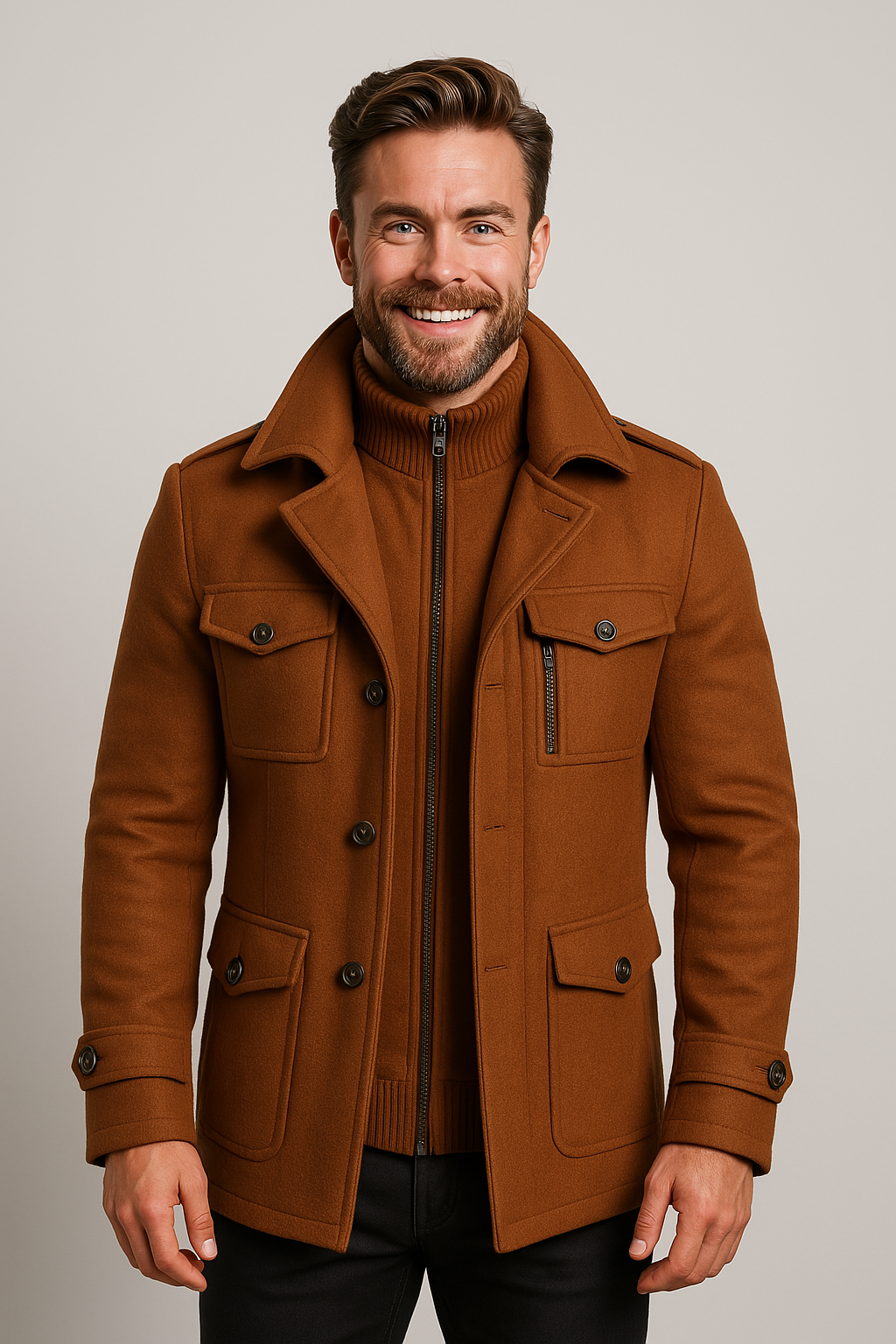 Modern military style men's tailored jacket. Ideal outerwear, a versatile layering piece for smart casual looks.