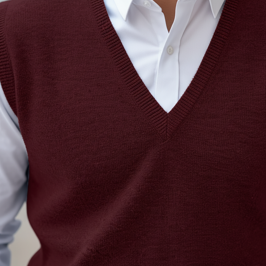 Men's sleeveless cotton gilet in navy, a versatile v-neck knitwear piece for effortless layering.