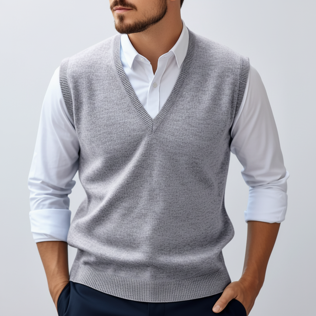 Detail shot of the soft cotton knit texture on a men's sleeveless gilet in a dark grey color.