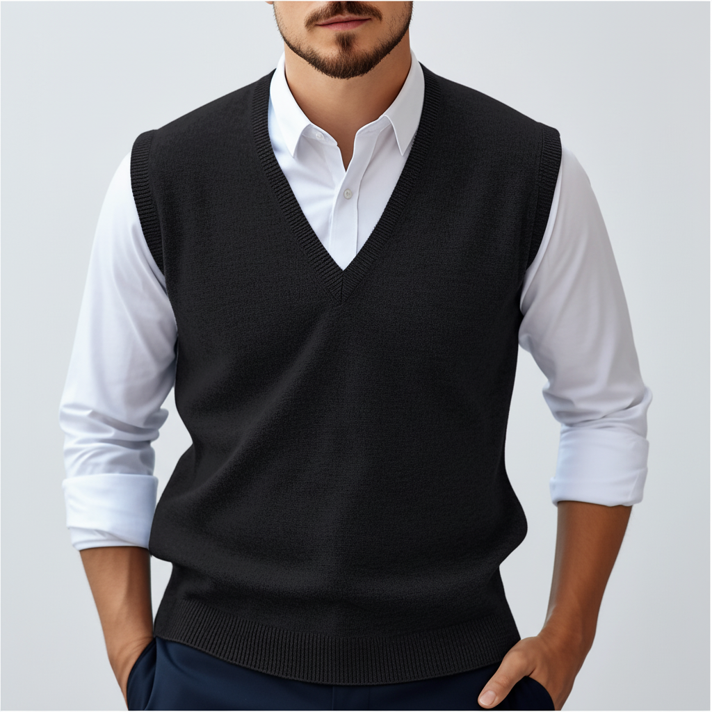 V-neck knitted cotton gilet for men, sleeveless design in an olive green shade, casual layering.