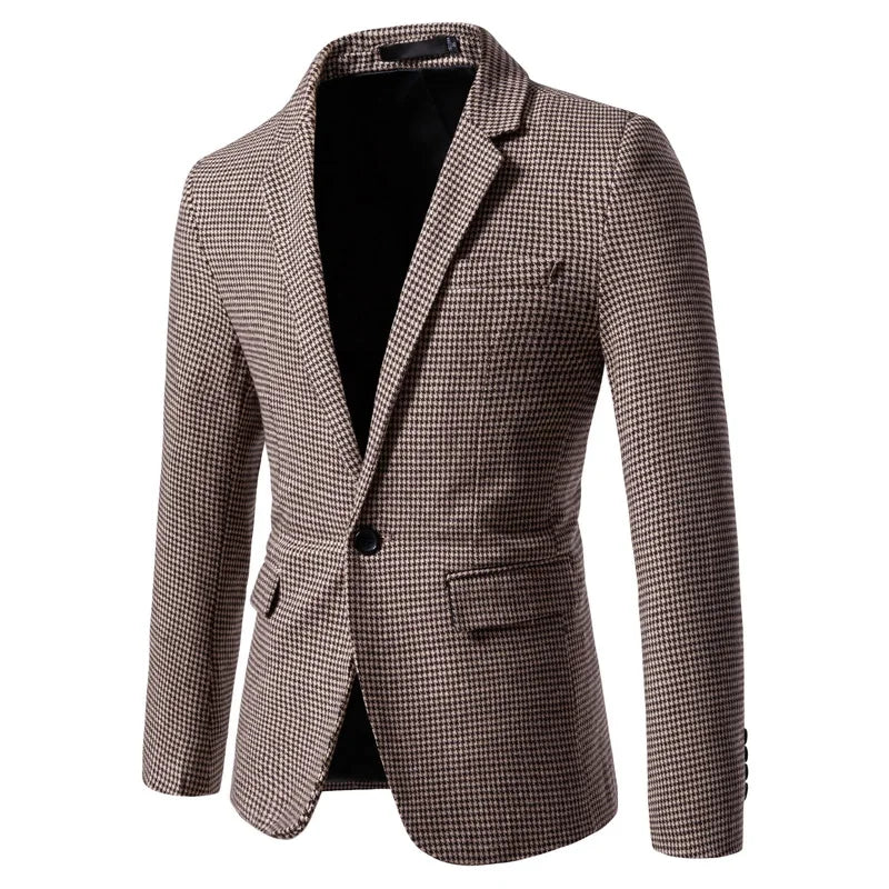 Men's tailored slim-fit houndstooth blazer, single-button, versatile for business & smart casual.