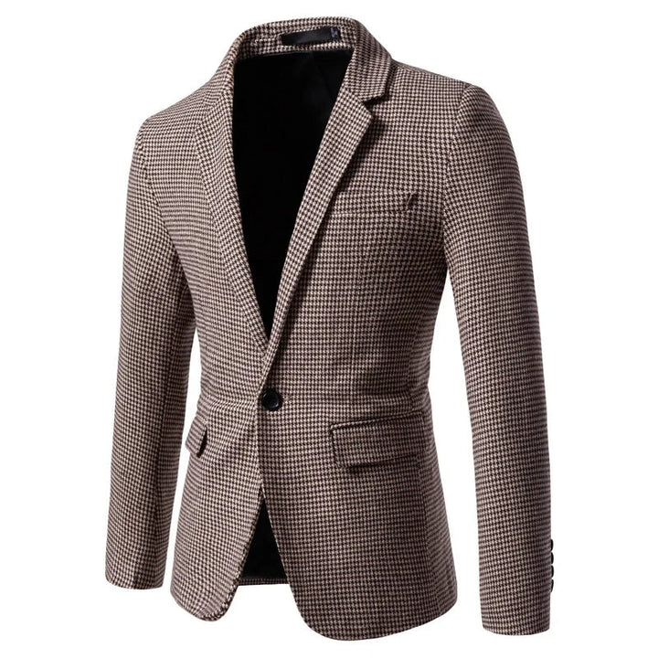 Men's tailored slim-fit houndstooth blazer, single-button, versatile for business & smart casual.
