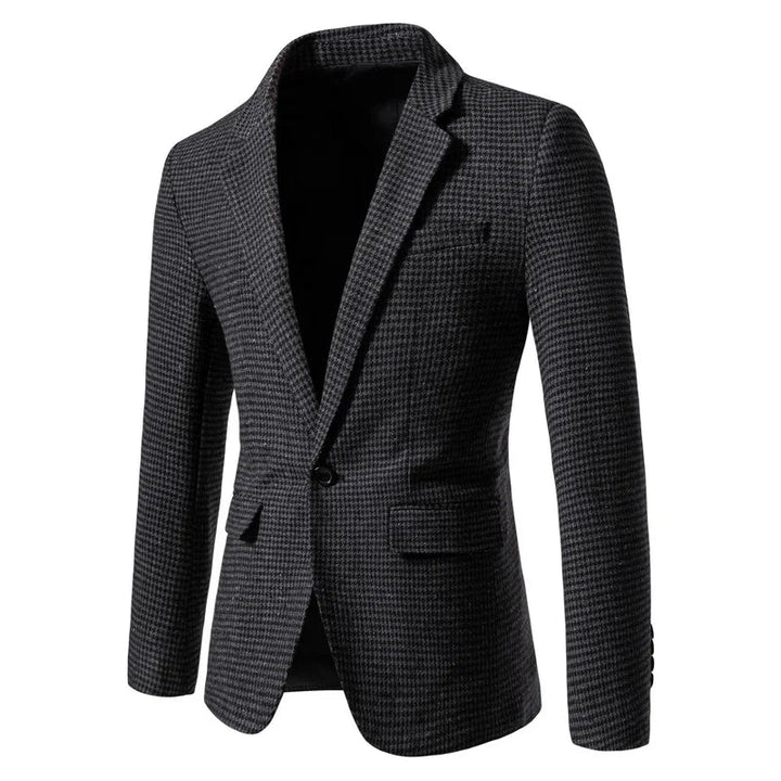 Versatile men's tailored houndstooth blazer. Slim fit for smart casual, business attire & professional looks.