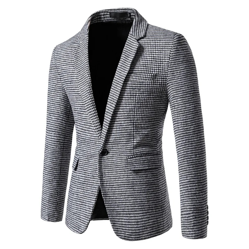 Stylish men's houndstooth blazer, slim-fit & tailored. Ideal for business, formal, or smart casual outfits.