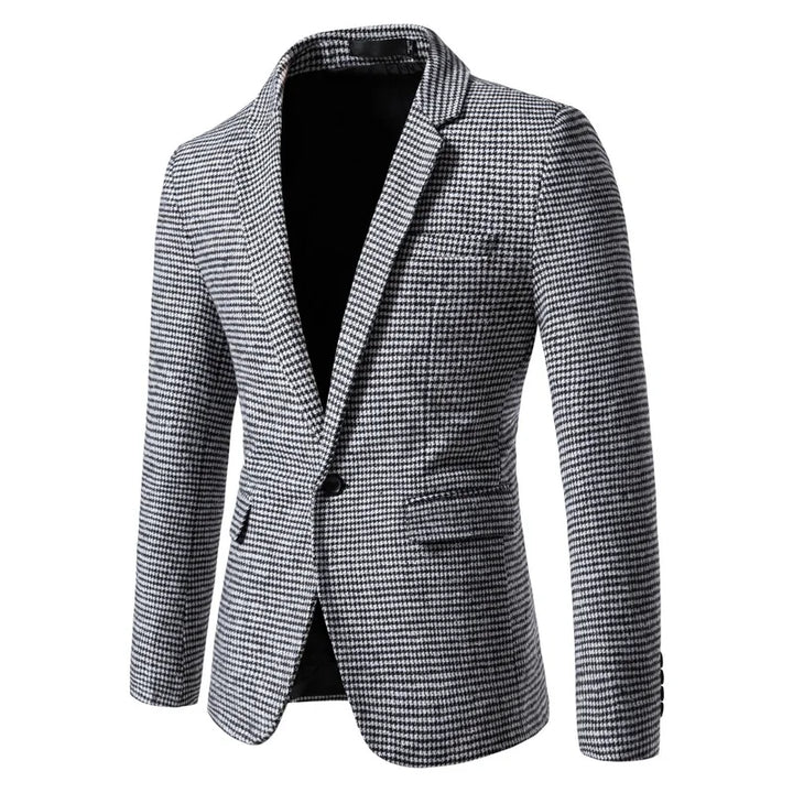 Stylish men's houndstooth blazer, slim-fit & tailored. Ideal for business, formal, or smart casual outfits.
