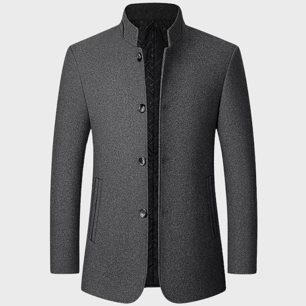 Men's tailored stand collar business trench coat for smart casual wear, a classic outerwear piece.