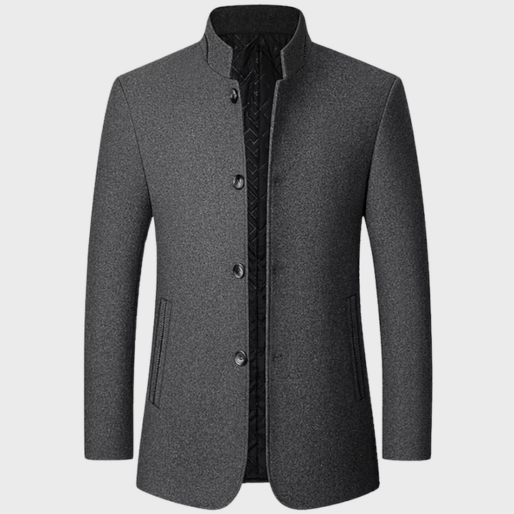 Men's tailored stand collar business trench coat for smart casual wear, a classic outerwear piece.