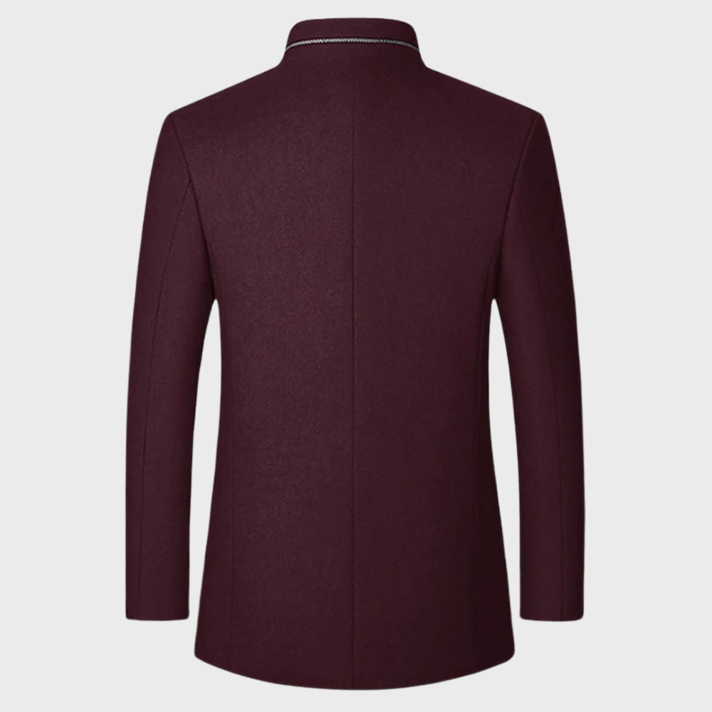 Versatile men's outerwear. Tailored stand collar trench coat, suitable for business & smart casual.