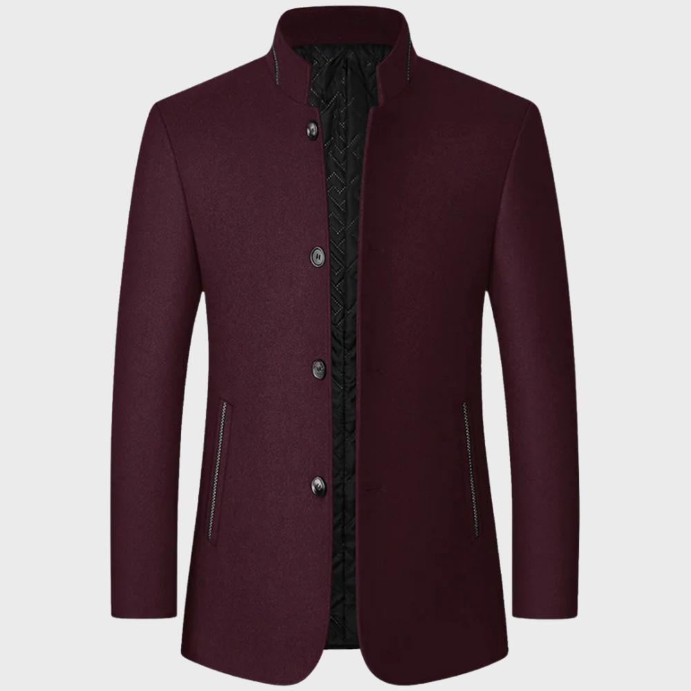Refined men's business casual coat. Stand collar design, a stylish tailored trench for men.