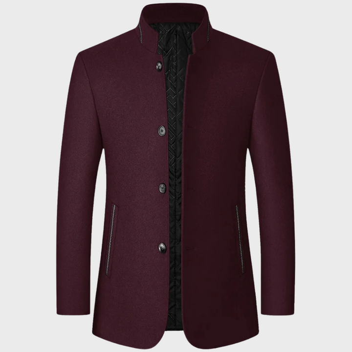 Refined men's business casual coat. Stand collar design, a stylish tailored trench for men.