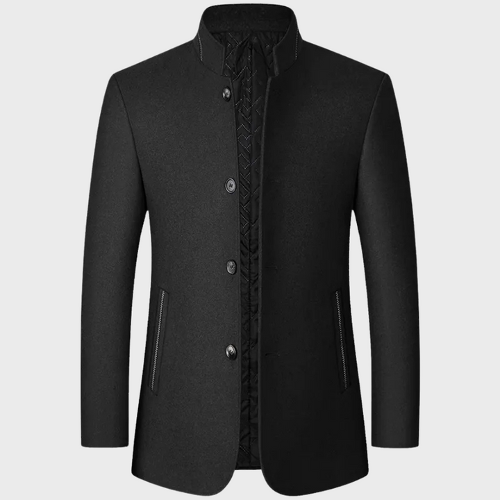 Classic men's stand collar trench coat. Ideal tailored outerwear for business fashion and formal events.