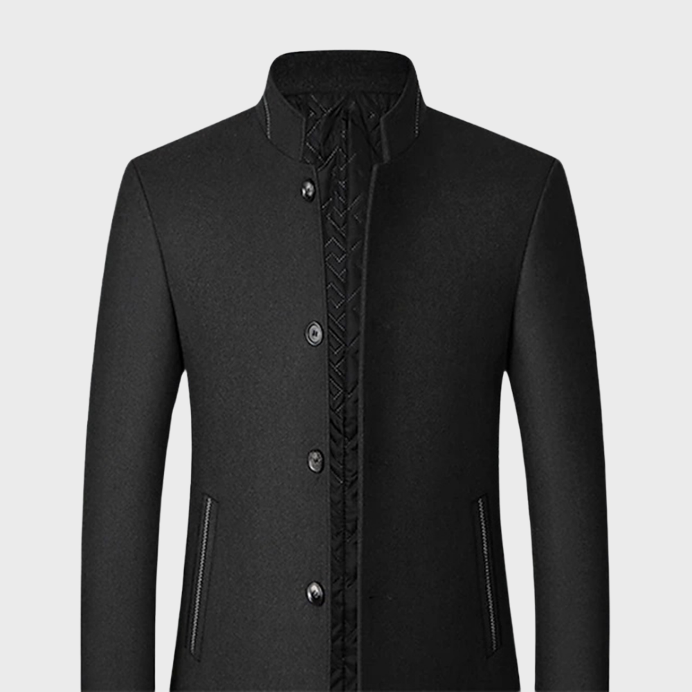 Modern men's business coat. Tailored fit stand collar jacket for sophisticated men's fashion.