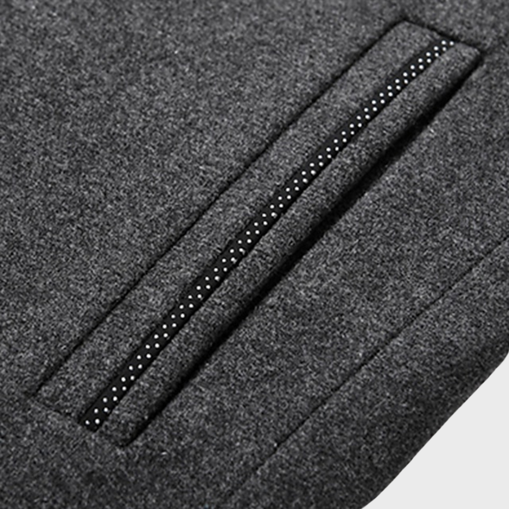 High-quality men's tailored trench coat. Business-ready stand collar jacket for formal wear.
