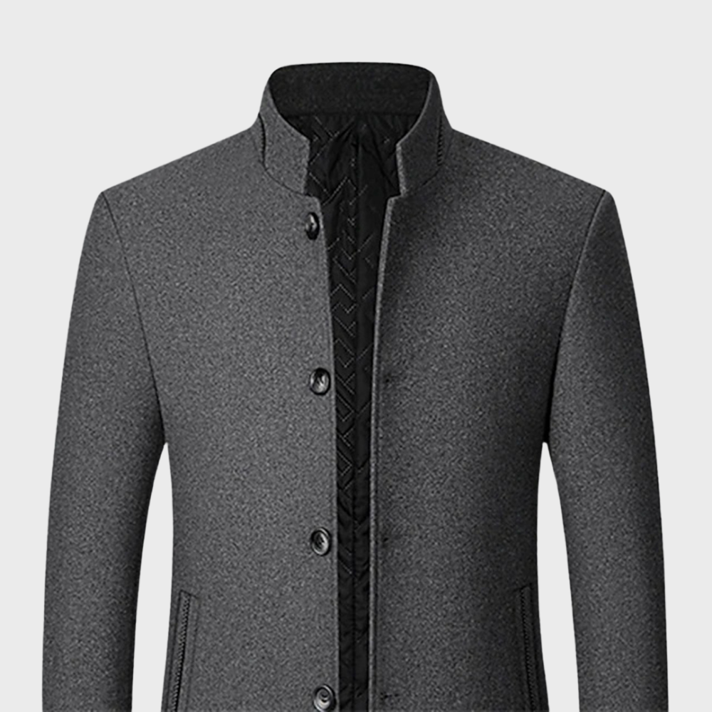 Durable men's business trench coat. Tailored fit with a classic stand collar for men's fashion.