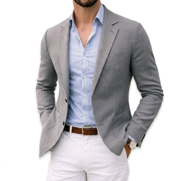 Stylish men's tailored fit blazer, perfect as a suit jacket for smart casual or business attire.