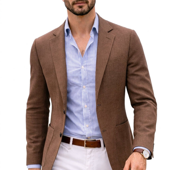 Detailed view of a men's tailored blazer, showcasing fine fabric texture for a smart casual suit jacket.
