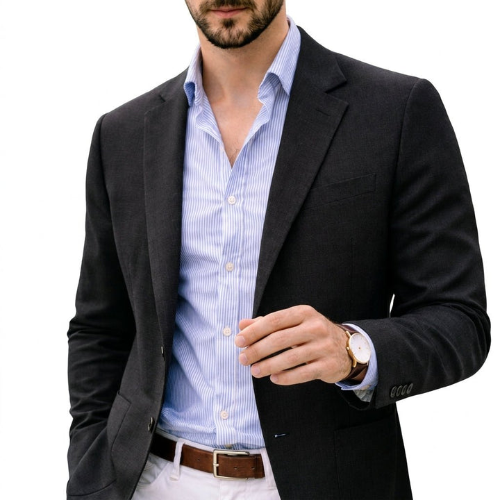 Back view of a sleek men's tailored blazer, perfect as a suit jacket for any smart casual or formal event.