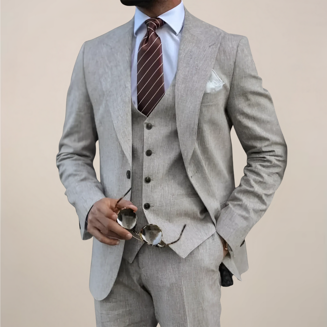 Men's tailored three-piece suit, ideal for formal business meetings, weddings, and special occasions. Elegant menswear.
